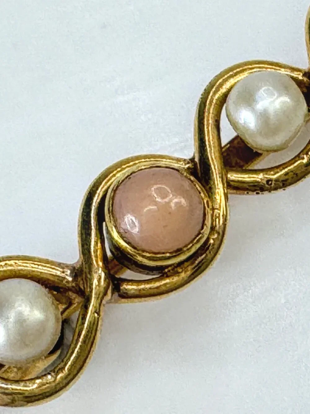 Antique 14K yellow Gold Coral Pearl Infinity bar brooch  1 5/8